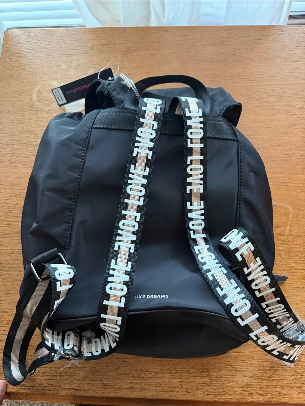 Black womens Nylon Backpack with 'LOVE' Accent Strap